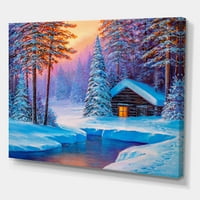 Стара кабина во зимска шума во вечерната сјај I сликање на платно уметнички принт