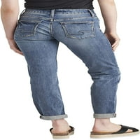 Сребрен фармерки копродукции женско момче со средно издигнување тенок фармерки за нозе, големини на половината
